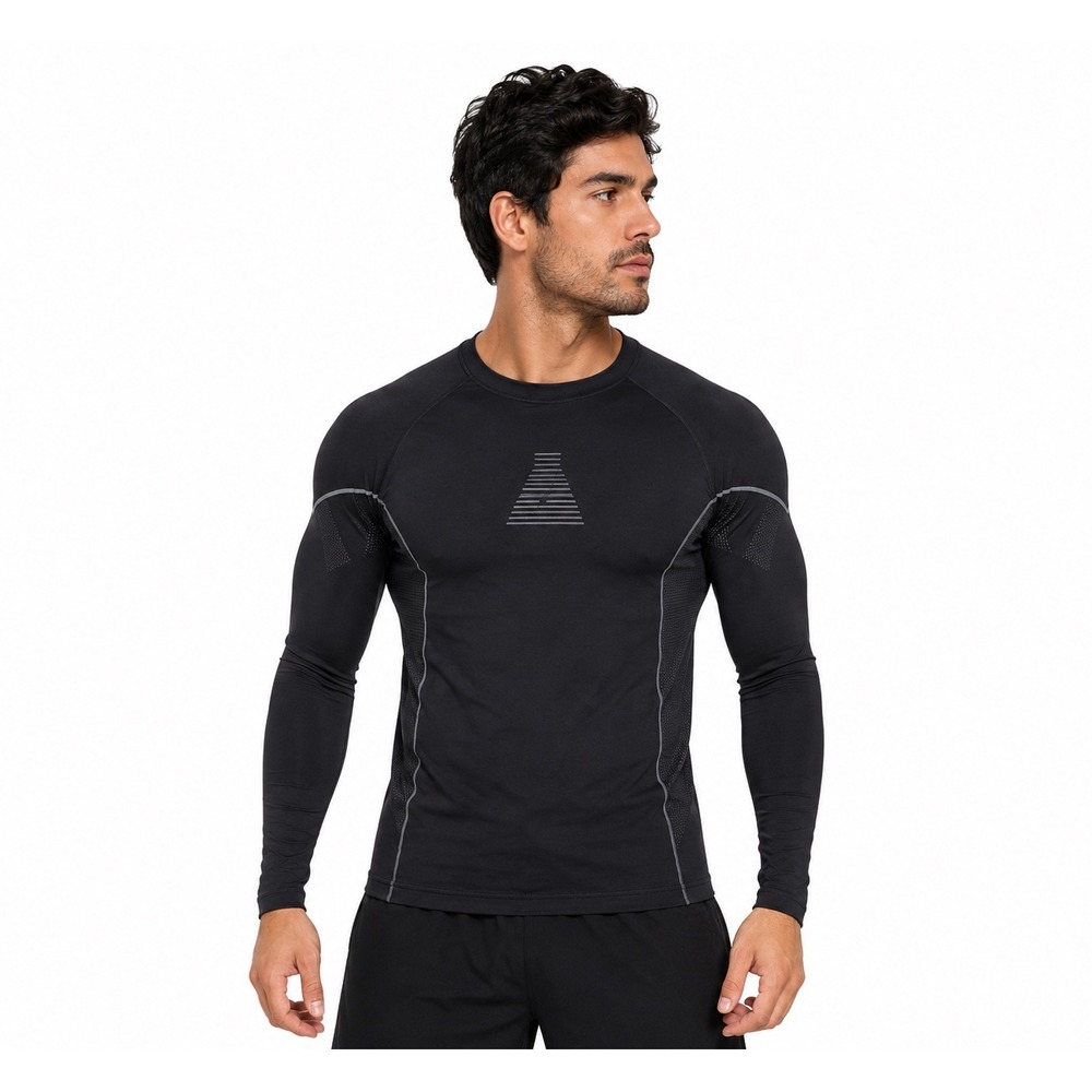 Black Long Sleeve Compression Shirt Mens Athletic Training Top Performance Gear